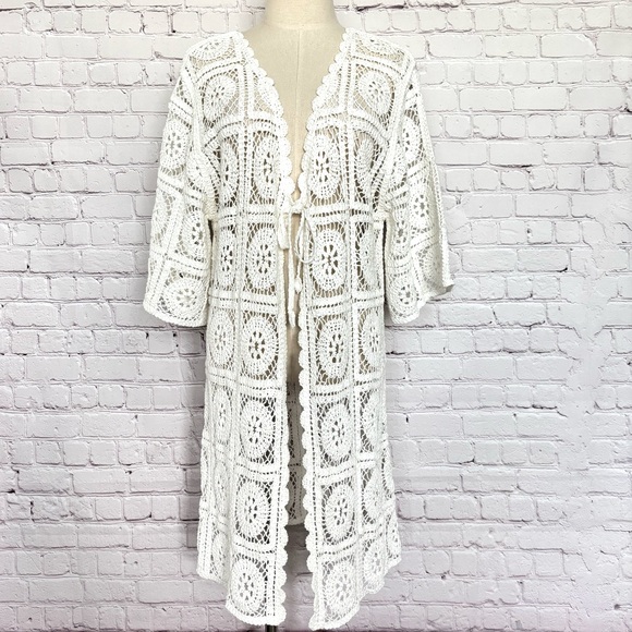 Solitaire Sweaters - SOLITAIRE 3/4 Sleeve Ivory Boho Crochet Cardigan or Beach Cover-Up--NWT--S